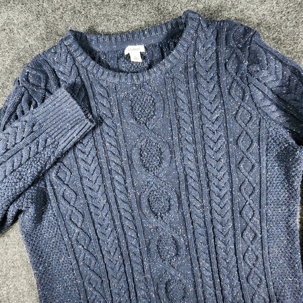 L.L.Bean Cable Knit Sweater Womens XL Navy Blue Marl Organic Cotton 518597